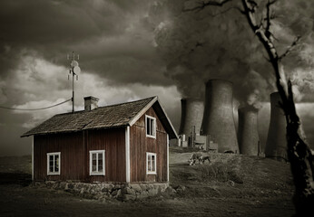 Wooden house and white smoke of emission from coal power plant