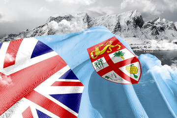Fiji national flag cloth fabric waving on beautiful ice Mountain Background.