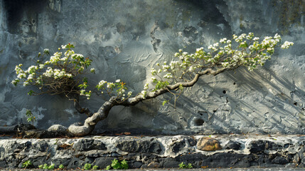   A bonsai tree growing out of a stone wall's side, casting a shadow on the wall behind it - obrazy, fototapety, plakaty