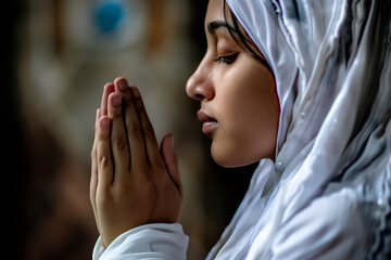 Asian Muslim woman in white hijab praying - obrazy, fototapety, plakaty