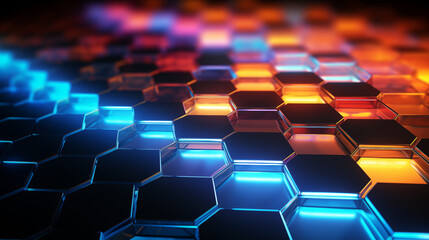 Hexagonal Pattern Technology Background in Neon Blue and Orange