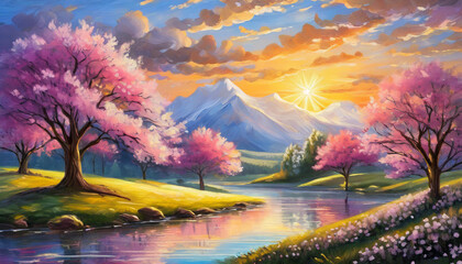 Oil painting of spring evening landscape with blooming pink trees and sun in the sky.