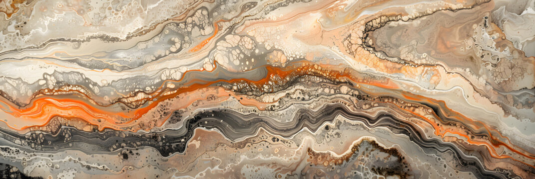 A detailed close up of a painting depicting a marble texture with hues of brown, peach, and rock. Resembling a flooring or dish inspired by earthy elements