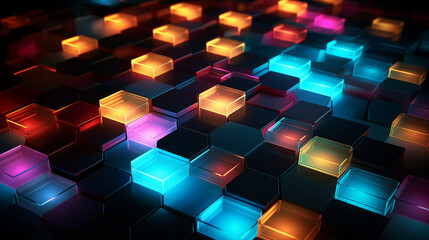 Hexagonal Tiles with Glowing Edges Overlaid on a Dark Background