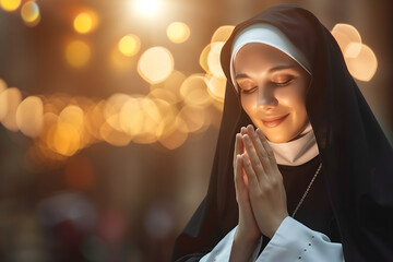 Portrait of a beautiful caucasian nun in black habit praying in the church
