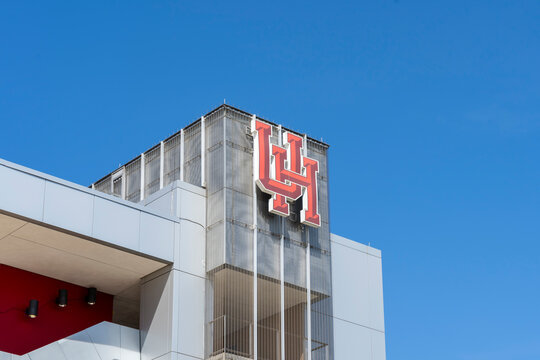 Houston, Texas, USA - April 5, 2024: UH (University of Houston) logo sign on the building at the campus in Houston, Texas, USA.