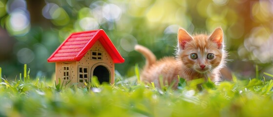 gingerly red kitten in the green grass next to the toy house with red roof