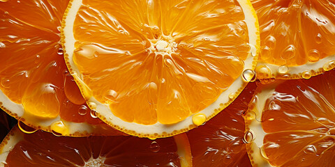wide macro closeup fruit photography background image of fresh sweet orange slices with water drops on it 
