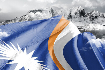 Marshall Islands national flag cloth fabric waving on beautiful ice Mountain Background.