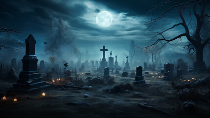 Ethereal Cemetery Scene with Full Moon and Wandering Mist - obrazy, fototapety, plakaty