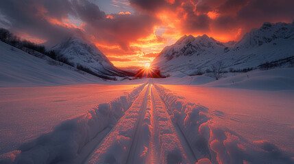   The sun sets over the mountains while snowy tracks appear in the foreground - obrazy, fototapety, plakaty