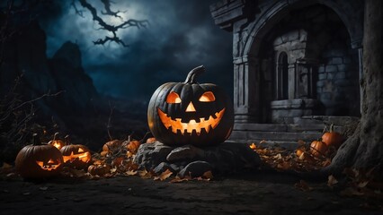 halloween pumpkin with bats and moon