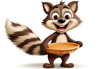 Cute happy cartoon raccoon with empty food tray