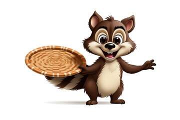 Cute happy cartoon raccoon with empty food tray