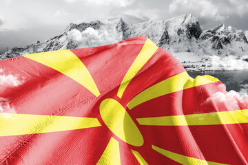 North Macedonia national flag cloth fabric waving on beautiful ice Mountain Background.