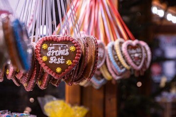 Gingerbread Hearts at German Christmas Market. Berlin, Nuremberg, Munich, Fulda xmas, Easter market...