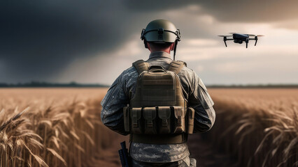 Close up of soldier preparing drone for flying. A drone operator controls for reconnaissance operation. Concept using quadcopters in smart digital war - obrazy, fototapety, plakaty