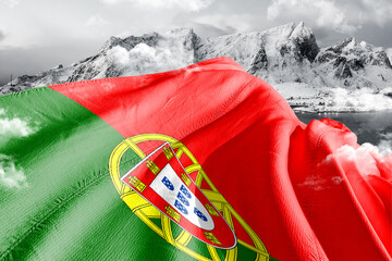 Portugal national flag cloth fabric waving on beautiful ice Mountain Background.
