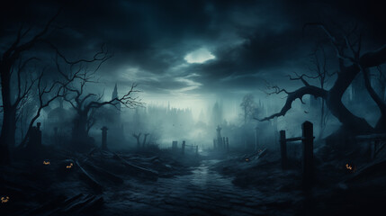 Eerie Graveyard with Mist and Full Moon - obrazy, fototapety, plakaty