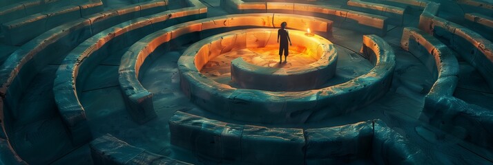 Mysterious Labyrinth with Central Glowing Figure - obrazy, fototapety, plakaty