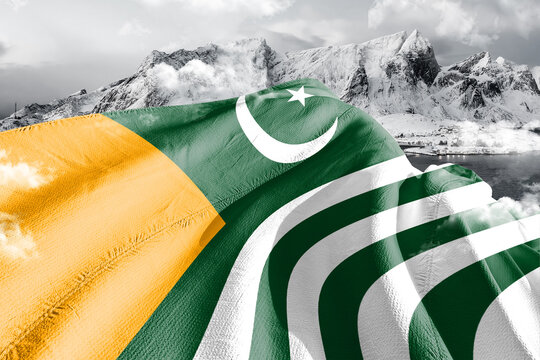 kashmir national flag cloth fabric waving on beautiful ice Mountain Background.