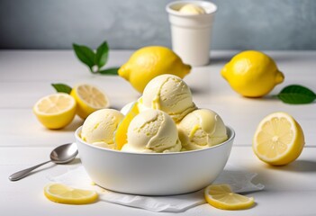 Organic lemon ice cream. A delicious summer dessert, gelato.