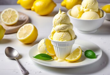 Organic lemon ice cream. A delicious summer dessert, gelato.