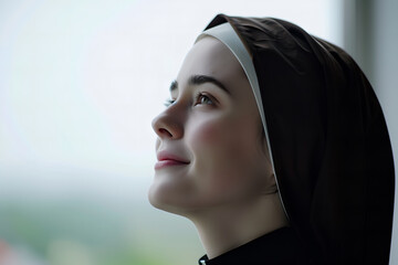 Portrait of beautiful caucasian nun in the church