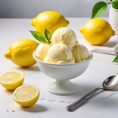 Organic lemon ice cream. A delicious summer dessert, gelato.