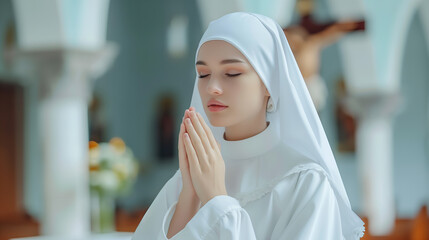 Portrait of a beautiful caucasian nun in white habit praying in the church