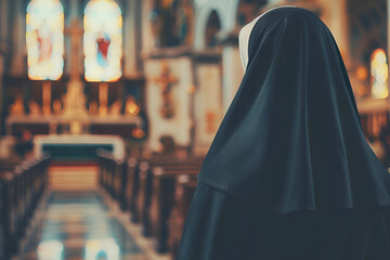 Back view of a beautiful caucasian nun in black habit praying in the church - obrazy, fototapety, plakaty