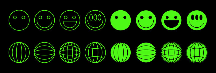 Y2k acid crazy symbols, signs, faces on a black background, collection of isolated design elements. Vector illustration.