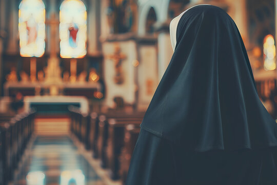 Rear view of a caucasian nun in black habit standing in the church