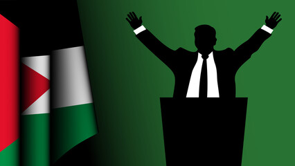 The silhouette of a politician raises his arms in a sign of victory, with the Palestinian flag on the left