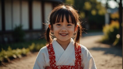 Japanese little girl is smiling. Holiday of hugs. Modern stylish photo.