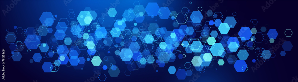 Aufkleber Hexagonal Abstract Technology Background. Hexagons Pattern for Tech Communication Design. Hi-tech Cyber Hexagon Sci-Fi Game Banner Grid. Blue Science Vector Illustration.