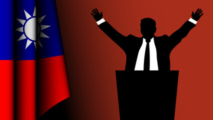 The silhouette of a politician raises his arms in a sign of victory, with the Taiwanese flag on the left
