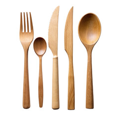 Set of cutlery of wood isolated on transparent background