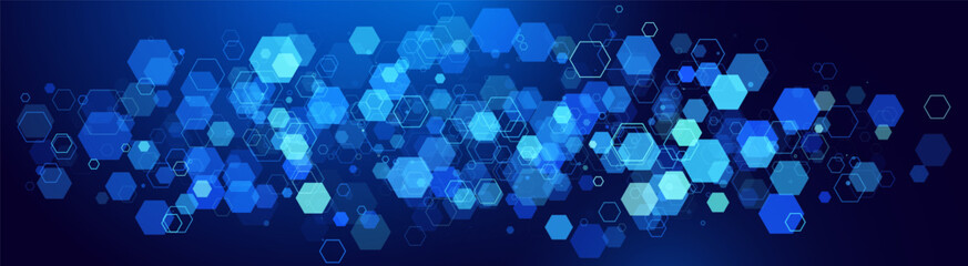 Hexagonal Abstract Technology Background. Hexagons Pattern for Tech Communication Design. Hi-tech Cyber Hexagon Sci-Fi Game Banner Grid. Blue Science Vector Illustration.