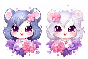 Two cute pretty anime kitty girl twins with flowers, greeting card