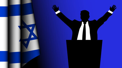 The silhouette of a politician raises his arms in a sign of victory, with the Israeli flag on the left