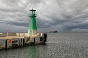 The Bay of Gdansk, the Baltic Sea. Entrance to the port of Gdansk, two lanterns indicating the...
