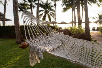 hammock closeup, tropical vacations, relax in empty hammock on beach