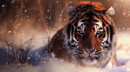 Tiger in Snow with Blurred Background