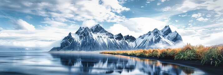 Pristine Lake Reflection with Snow-Capped Mountains, Serene Nature Landscape, Peaceful Water and Sky Scenery