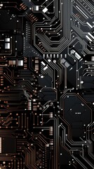 Fototapeta premium Explore the intricate world of technology with this detailed black circuit board design, highlighted with electric orange currents.