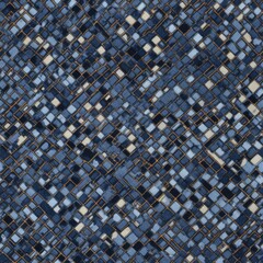 Deep blue denim with an overlaid golden grid pattern and white squares, creating a rich tapestry perfect for unique fashion pieces.