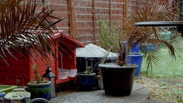 Closeup footage of snow falling on top of a cat house in the garden during a cold snap in the UK