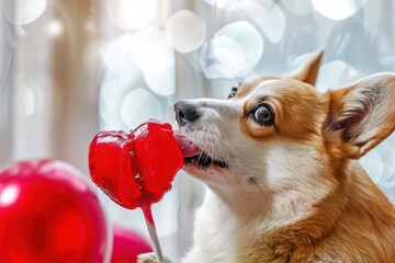 A heartwarming scene depicts a Corgi dog affectionately licking a heart-shaped lollipop, embodying the spirit of love and Valentine's Day with adorable charm. - obrazy, fototapety, plakaty