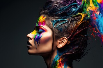 Naklejka premium Colorful Face Paint Airbrush Portrait - Profile Photography, Melting Head of a Goddess Stunning Portrait